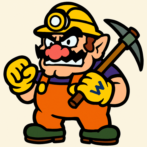 Super Mario'daki Wario karakteri ama madenci kılığında.
In-Game asset.  2d.  High contrast.  No shadows