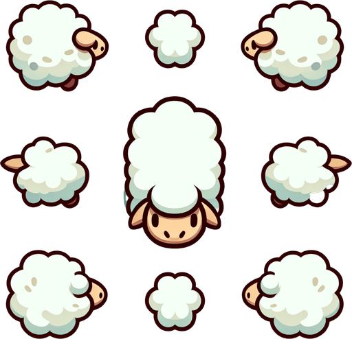 sheep, top view, cartoon style.
Single Game Texture. In-Game asset. 2d. Blank background. High contrast. No shadows.