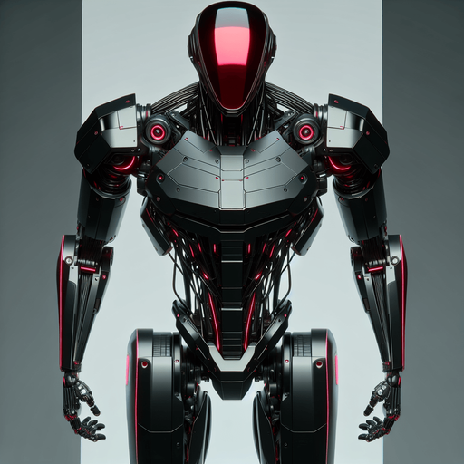Overhead view. A sleek battle robot with a wide red visor across the head. Three distinct parts, body and two arms. Symmetrical design. Birds Eye view above them looking down on their head. Simple shapes. Low detail. Cyberpunk, black with red glowing highlights..
Single Game Texture. In-Game asset. 2d. Blank background. High contrast. No shadows.