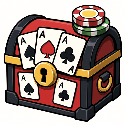 A small treasure chest with poker themed graphics on it. Anime style. 
In-Game asset.  2d.  High contrast.  No shadows