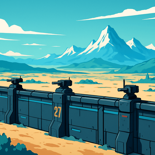 scifi future horizontal military wall of border land. mountain and landscape far distance. anime style.
In-Game asset.  2d.  High contrast.  No shadows