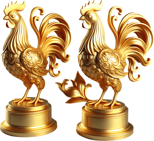 Golden chicken trophy.
Single Game Texture.  In-Game asset.  2d.  Blank background.  High contrast.  No shadows