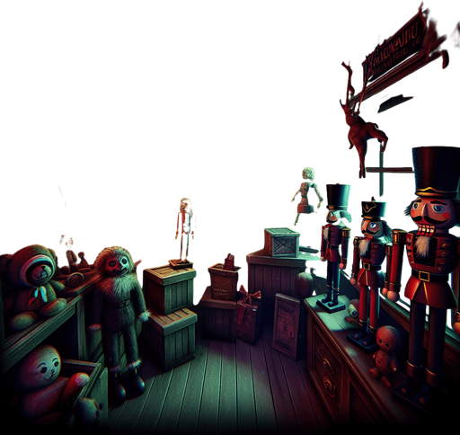 Eerie Christmas-inspired toy shop The only text on screen should be the title "Krampus Lockdown" centered on the image..
Single Game Texture. In-Game asset. 2d. Blank background. High contrast. No shadows.