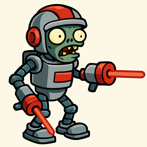 a plant vs zombies zombie whit a robot costume and a laser gun arms.
In-Game asset.  2d.  High contrast.  No shadows