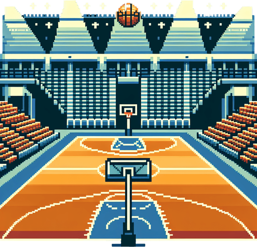 pixel art basketball arena seen from the floor.
Single Game Texture. In-Game asset. 2d. Blank background. High contrast. No shadows.