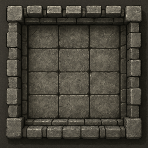 A rectangular stone castle battlement, seen from directly above. In between the walls is a weathered looking 3x5 grid. Rectangle. Not square. Realistic graphics..
In-Game asset.  2d.  High contrast.  No shadows