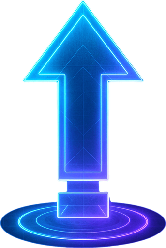 neon cyberpunk arrow pointing north glowing hologram flat 3d straight on symmetrical