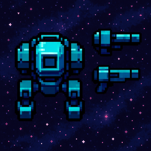 Пиксельный робот видо с верху космический без рук отдельно части тела и две от дельные пушки пиксели и космос.
In-Game asset.  2d.  High contrast.  No shadows
