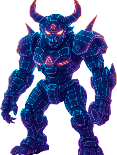 Neon cyberpunk 3d hologram corporate occult demon android mecha robot sentinel guard soldier machine monster fully in frame no part cut off no background anime futuristic