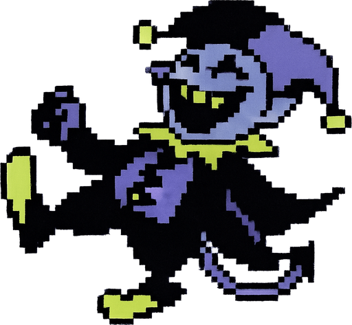 Jevil de deltarune capitulo uno siendo golpeado en el estomago echandose un poco para atras aunque con una risa loca en su rostro (pixeleado con fondo blanco).
In-Game asset.  2d.  High contrast.  No shadows