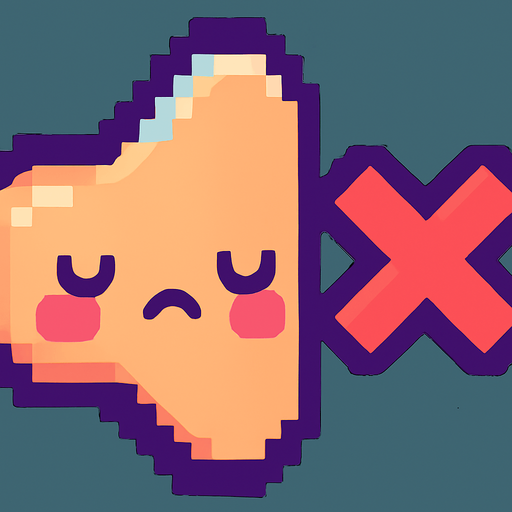 A small and cute pixel art icon representing sound off, designed for a 2D game UI. The icon shows the same round speaker, but now with a sad or sleepy face and a small red X or mute symbol on it. The sound waves are gone or faded out. The color palette is still colorful, using soft reds and purples. The style is playful, chibi, and pixel art, fitting a cute arcade game interface.