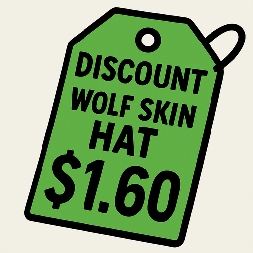 green price tag that says discount wolf skin hat $1.60.
In-Game asset.  2d.  High contrast.  No shadows