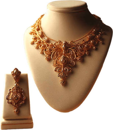 a set of classical gold jewelry on a small display bust