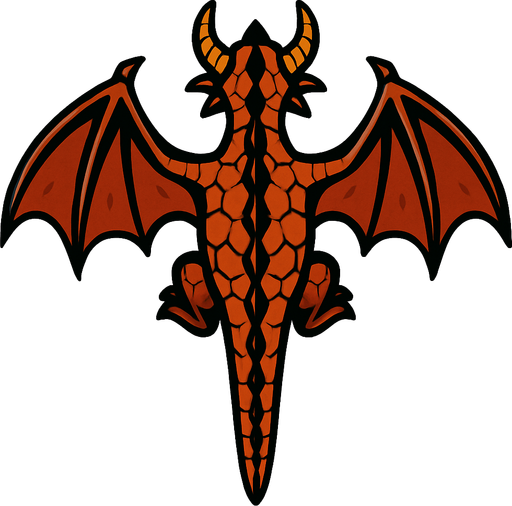 Üstten görünen 2D bir ejder sırt kısmı görünsün ve kuyruğu düz kanatları 75% açık olsun.
In-Game asset.  2d.  High contrast.  No shadows