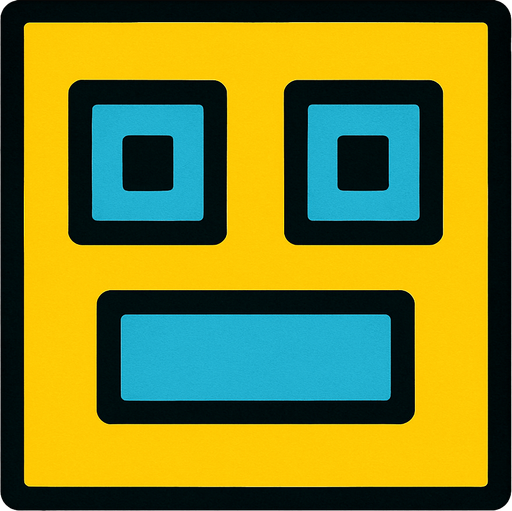 un cuadrado amarillo con ojos cudrados celestes y boca celeste rectangular.
In-Game asset.  2d.  High contrast.  No shadows