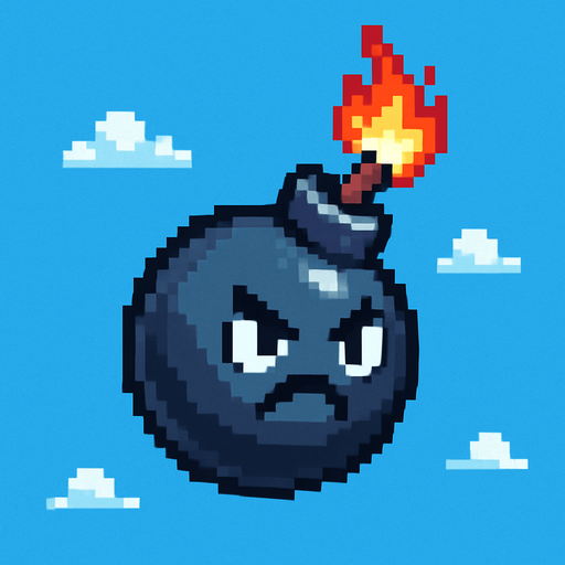 La bomba debe tener un diseño caricaturesco, en forma de esfera negra o gris oscuro con un brillo suave, una mecha encendida con fuego animado en la punta, y si es posible, una carita enojada o con expresión divertida; su estilo debe pixel art limpio, con líneas simples y colores llamativos para que resalte bien contra el fondo del cielo, y debe tener un ligero giro o movimiento mientras cae para darle vida..
In-Game asset.  2d.  High contrast.  No shadows