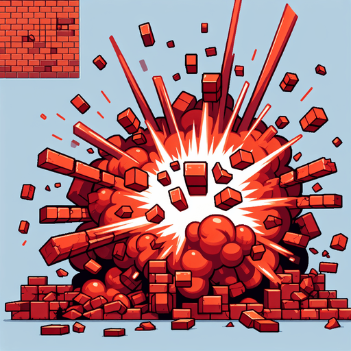 a cartoon explosion made of red bricks. no shadows..
Single Game Texture. In-Game asset. 2d. Blank background. High contrast. No shadows.