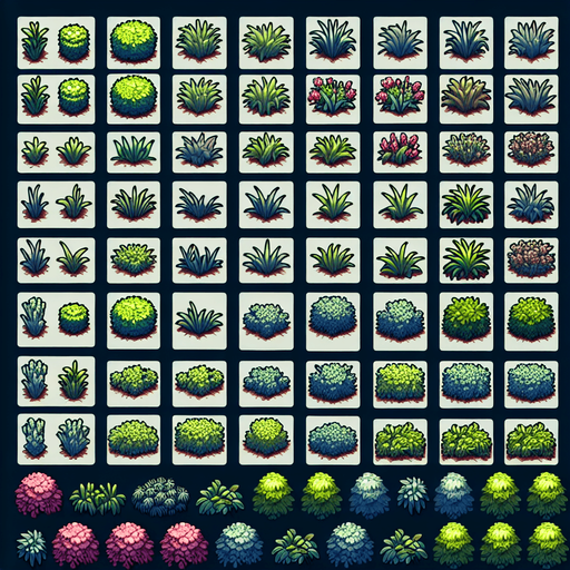 Create a sprite sheet showing various bushes and grass.  The design should exclusively include overhead views. Arrange the components on a dark background, neatly aligning each part in rows and columns for easy identification and use in game development..
Single Game Texture. In-Game asset. 2d. Blank background. High contrast. No shadows.