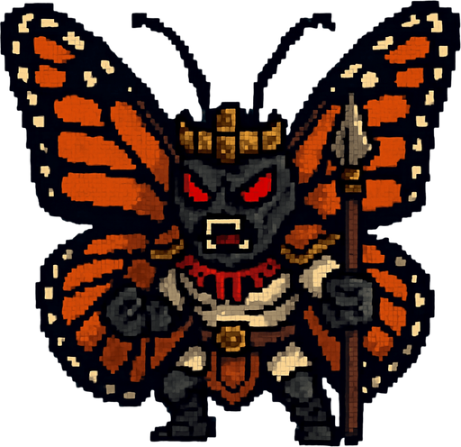 Genérame una Mariposa monarca guerrero azteca con eso patrones, estilo pixelar, con una apariencia maligna, ojos rojos, rabioso. Unidad aerea con alas. Animal.
In-Game asset.  2d.  High contrast.  No shadows