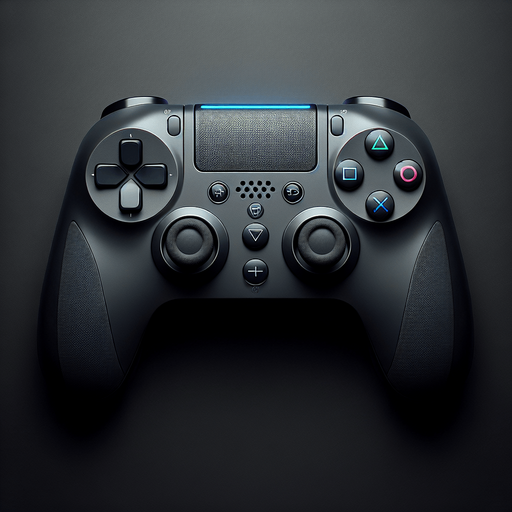 A sleek game controller inspired by a PlayStation design, viewed from a front perspective. On the left side, there is a cluster of four directional arrow buttons arranged in a cross pattern. On the right side, four distinct circular buttons are arranged in a diamond shape, each with a unique symbol: a blue button with a simple 'X', a red button with a 'O', a green button with a triangle, and a pink button with a square. The controller itself is ergonomic, with a clean and modern design, featuring a matte black surface and subtle accents for a polished and professional gaming aesthetic..
Single Game Texture. In-Game asset. 2d. Blank background. High contrast. No shadows.