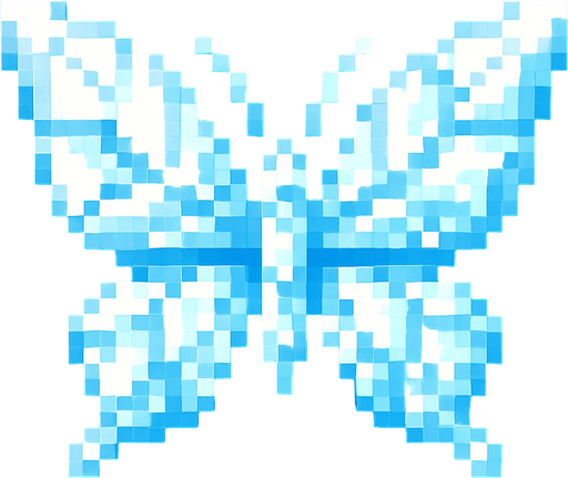 butterfly of white and light blue pixels like crystal.
In-Game asset.  2d.  High contrast.  No shadows. 8-bits