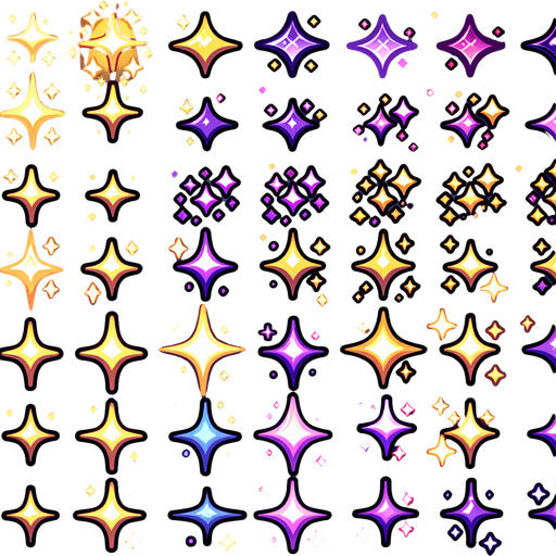 A sprite sheet of different color sparkles. Include gold and purple color.
Single Game Texture. In-Game asset. 2d. Blank background. High contrast. No shadows.