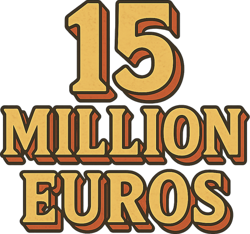Create a visual that says 15 Million Euros. All the words should be written under each other. It should be in a retro theme. No background. Transparent background. Blank background. No shadows. 2d. In-Game asset. flat