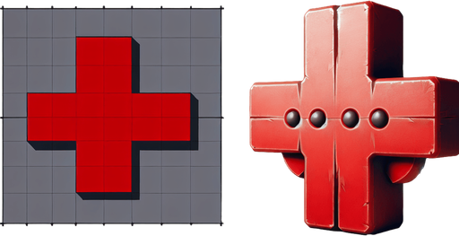 Steel matte finish red plus sign and a cute red character steel.
Single Game Texture. In-Game asset. 2d. Blank background. High contrast. No shadows.