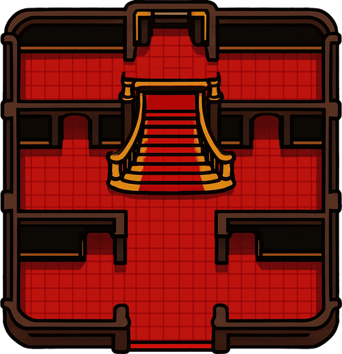 una mansion con piso rojo vista completa y totalmente desde arriba y desde dentro con una escalera grande igual que la de scarface la pelicula y pasillos a los lados.
In-Game asset.  2d.  High contrast.  No shadows