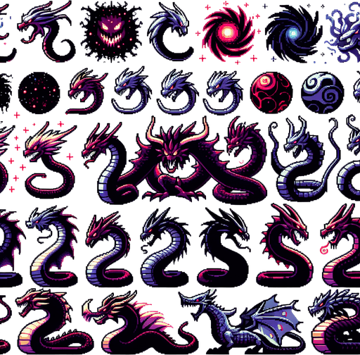 A sprite sheet of evil and dangerous looking outer space dragon serpents, head and body segments..
Single Game Texture. In-Game asset. 2d. Blank background. High contrast. No shadows.