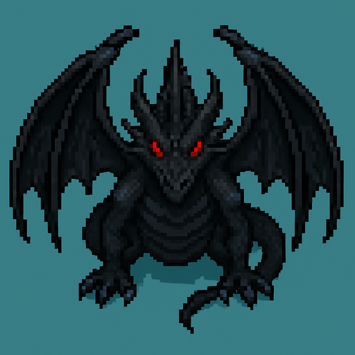 um dragão negro com olhos vermelhos, arte pixel 32bits, vista frontal aerea.
In-Game asset.  2d.  High contrast.  No shadows