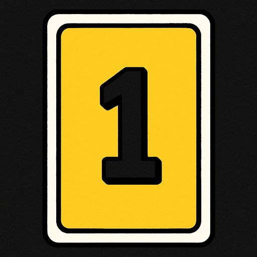 Rectangular card numbered 1, with a white border around it and a yellow background..
In-Game asset.  2d.  High contrast.  No shadows