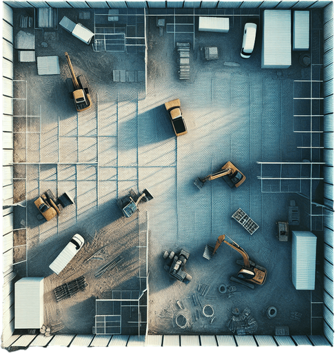 A small Constrution Yard. 
No people, No buidings, just 2-3 construction machinery with a fence.
No perspective, Directly from above