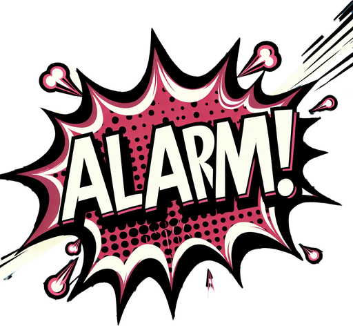 "ALARM" text bubble, comic style.
Single Game Texture. In-Game asset. 2d. Blank background. High contrast. No shadows.