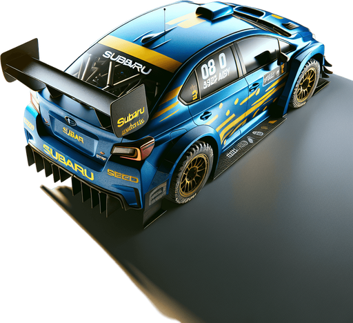 Hyperrealistic blue Subaru rally car with yellow liverys, top down view from the rear wing