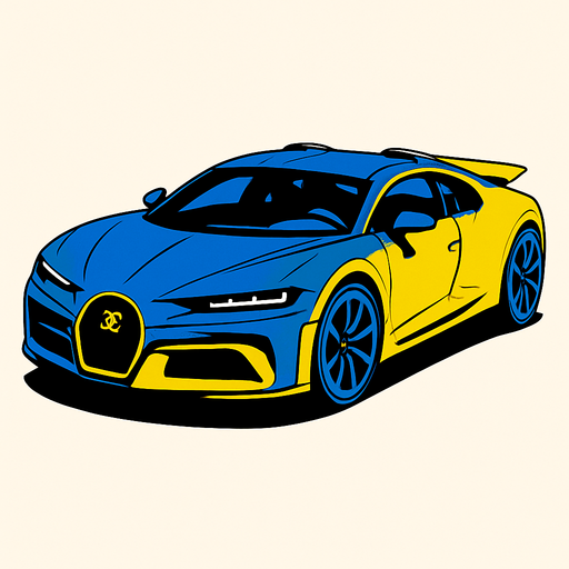 Bugatti veyron but 2025 model and blue and yellow.
In-Game asset.  2d.  High contrast.  No shadows