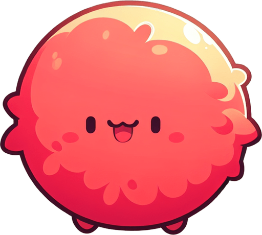 a red furry cuddly ball of fur. little feet. No ears. cute happy face. Cartoon style. Cute art style. Simple vector style. Pastel colors, flat shaded, vector art. Single Game Texture. In-Game asset. 2d. Blank background. High contrast. No shadows