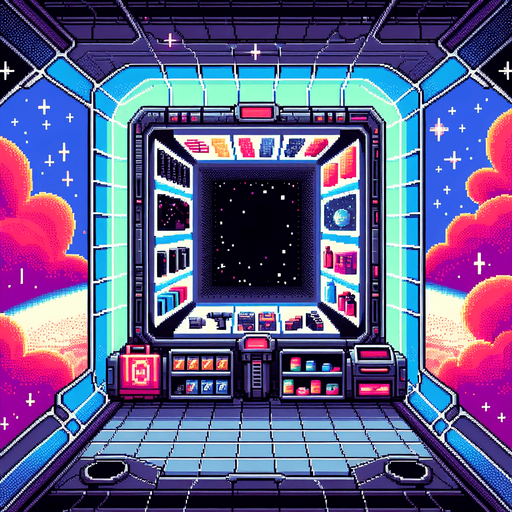 Pixelart. A background window for an in-game shop, with a space theme. The center part should be a large blank area with space for the items and labels for sale in the game shop. The blank space could have the form of a black computer screen inside a spaceship..
Single Game Texture. In-Game asset. 2d. Blank background. High contrast. No shadows.