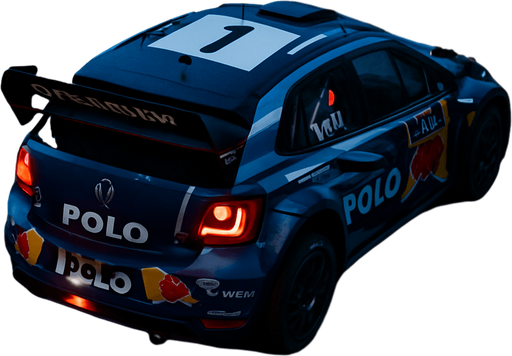 Photorealistic Volkswagen Polo R WRC Rallycar in nightlight, drone topview from back and 45 degrees angle in top right corner