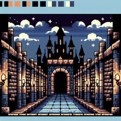 8 bit image dark castle corridor cartoon style.
Single Game Texture.  In-Game asset.  2d.  Blank background.  High contrast.  No shadows