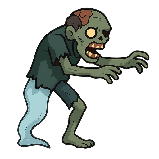 a zombie but its half phantom. No background. Transparent background. Blank background. No shadows. 2d. In-Game asset. flat