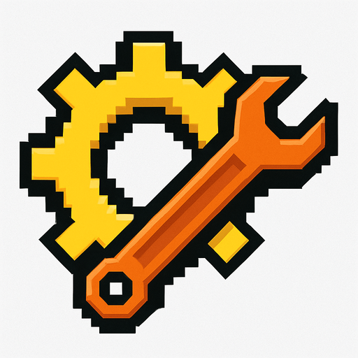 Пиксельная шестерёнка с гаечным ключом.
In-Game asset.  2d.  High contrast.  No shadows