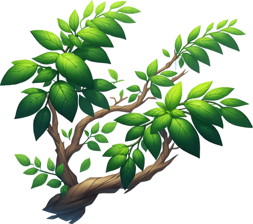 A tree branch with green leaves
Single Game Texture. In-Game asset. 2d. Blank background. High contrast. No shadows.