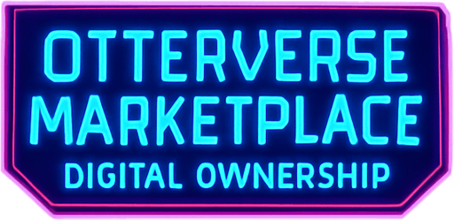 Create a cyber-bazaar corridor lined with glowing vendor pods and digital price tags flickering in neon. A large holoscreen banner reads ‘Otterverse Marketplace - digital ownership’ Include floating ad drones, steam jets from vents, and reflective floor panels—no visible characters or coins..
In-Game asset.  2d.  High contrast.  No shadows