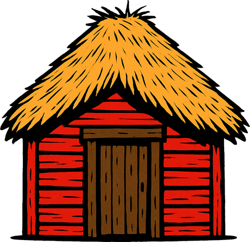 Make a house, with a wood door, the house is made of red wood and the door brown wood, the roof is made of wheat.
2d.  High contrast.  No shadows