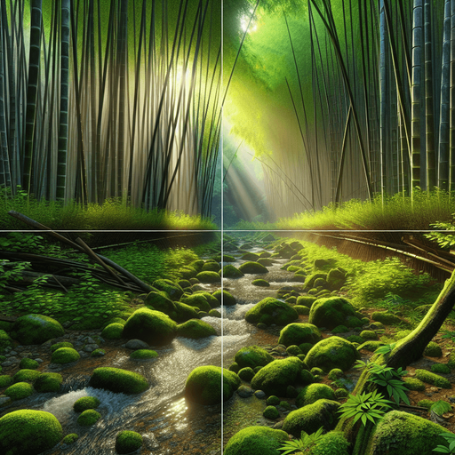 "A lush bamboo forest scene designed to be seamlessly tiled horizontally. On the left half of the image, focus on sunlight filtering through leaves, creating a dappled pattern on the ground. Add moss-covered rocks and a small stream starting from the left edge and flowing towards the center. Ensure that the elements near the center of the image are positioned in a way that they can be seamlessly mirrored to the right side, creating a continuous scene when two copies of the image are placed side-by-side."

Here are some additional tips to keep in mind:

Symmetrical Elements: Try to place some elements symmetrically around the center line (e.g., a large rock or a bend in the stream) to create a visually pleasing transition between the two halves.
Consistent Lighting: Ensure the lighting and shadows are consistent across the image so that the two halves blend together seamlessly.
Edge Blending: If possible, slightly blur or soften the edges of the image near the center line to help smooth out the transition when the images are tiled..
Single Game Texture. In-Game asset. 2d. Blank background. High contrast. No shadows.