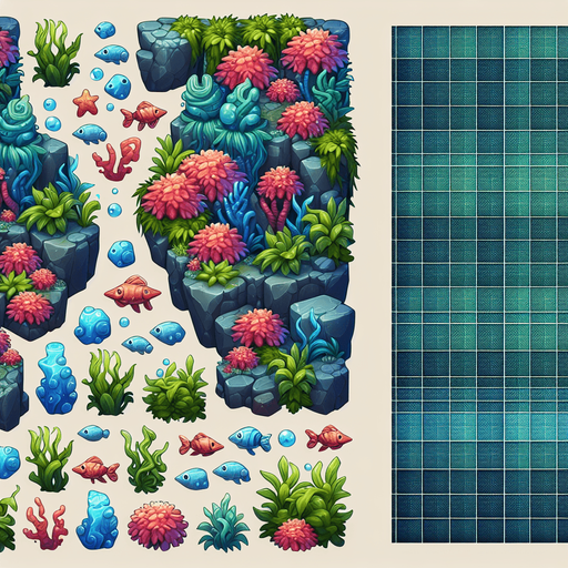 undersea olants rocks etc but no fish.
Single Game Texture. In-Game asset. 2d. Blank background. High contrast. No shadows.