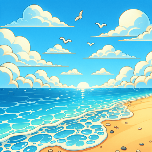 "A bright, cartoon-style beachside sky with soft white clouds, a clear blue ocean, and a sandy shore in the background. The colors should be vibrant and cheerful, with a summer vibe.".
Single Game Texture.  In-Game asset.  2d.  Blank background.  High contrast.  No shadows