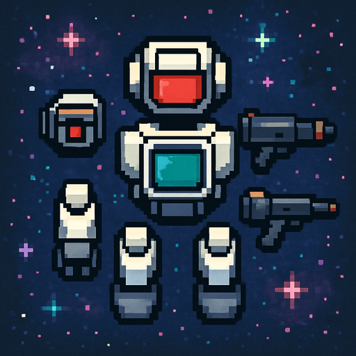 Пиксельный робот видо с верху космический без рук отдельно части тела и две от дельные пушки пиксели и космос.
In-Game asset.  2d.  High contrast.  No shadows
