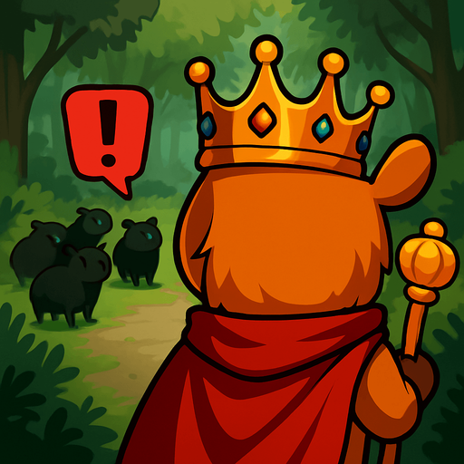 El rey ve al fondo del bosque a los capybaras negros. El esta de espaldas y a su lado sale un signo de exclamacion.